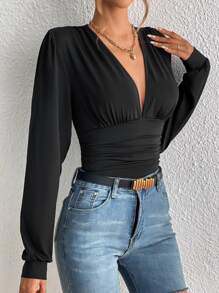 Sexy Long Sleeve Ruched Waist Jumpsuit - Black - View 4