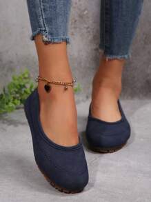 Women's Fashion Round Toe Plus Size Slip-On Ballet Flats, Comfortable Commuting Casual Shoes, Suitable For Spring & Autumn - Navy Blue - View 2