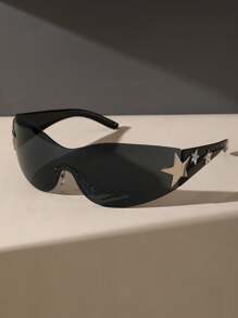 1 件装塑料环绕式一体式高级 Y2K 女士时尚眼镜，适合狂欢派对街拍海滩配件，适合夏季海滩度假、户外、旅行 - 1pc 黑灰 - 查看 4