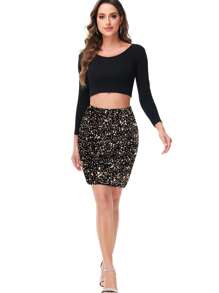 Women's Sparkly Sequin Skirt Mid Waist Glitter Party Club Velvet Skirts - Black and Gold - 查看 6