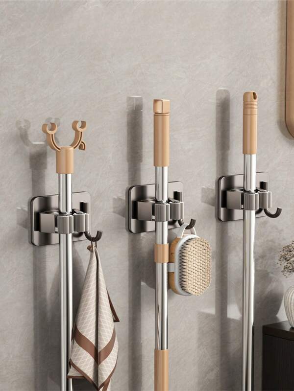 1/2/3pcs 304 Stainless Steel Mop Hooks, Bathroom Wall Mounted Mop Holder, No Drilling Required, Strong Adhesive Mop Rack