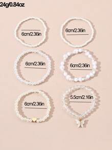 6 قطع أساور خرز البيرل المزيفة بشكل فراشة وقلب للبنات