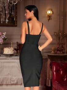 Bodycon Bandage Dresses Midi Knee Length Cocktail Wedding Guest Dress - 黑色 - 查看 2