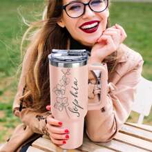 Personalized 40 Oz Tumbler With Handle Custom Tumbler With Name & Birth Flower Month, Stainless Steel Travel Coffee Mug Cup, Birthday Gifts Personalized Gifts For Women Men, Multi-Functional, Adjustable, Durable, Ornamental, Reusable, Exquisite, Adorable, High-Quality, Modern, Colorful, Cute, Comfortable, Stylish, Custom, Personalized, Unique, Ideal Gifts For Her, Boyfriend, Girlfriend, Dad, Mom, Family, Friends, Son, Daughter, Office, Tea Room, School, Home, Home Refresh, Customized Water Bottle & Cup Accessories
