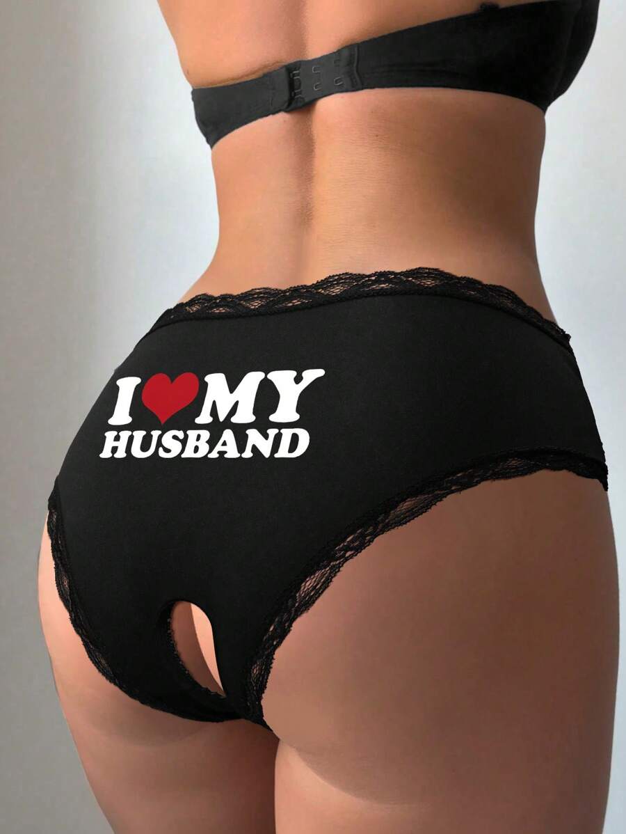 女士黑色蕾丝边心形印花性感开裆三角裤，舒适弹力透气薄款内裤 - 黑色 - 查看 1