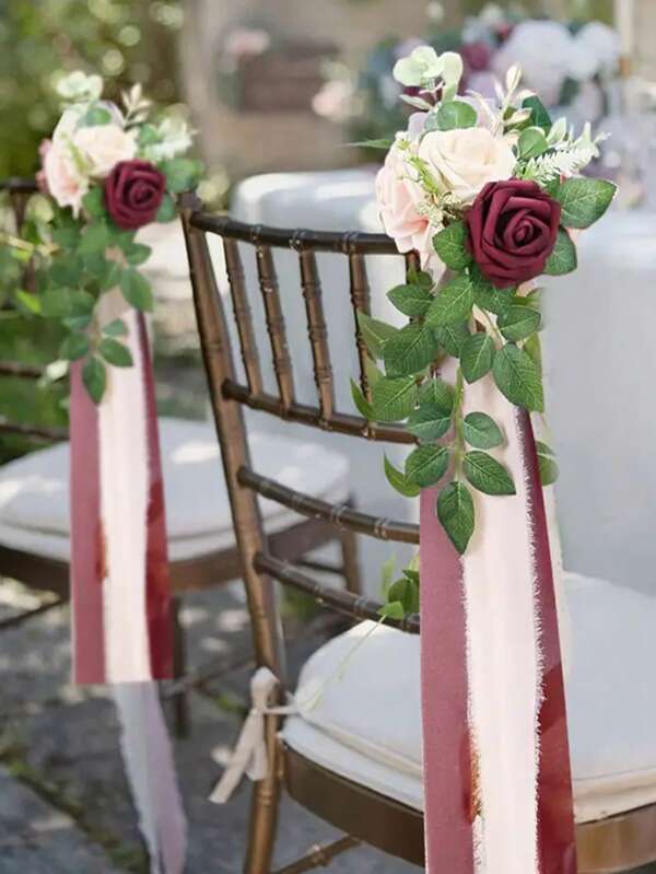 1 set (2 piezas) Decoración para el pasillo de la boda, respaldo de silla con rosas artificiales color rojo, para decorar sillas en la ceremonia de boda en la iglesia, decoración exterior para fiestas con flores artificiales, eucalipto y cinta, decoración de pasillo de boda, decoración de asientos de boda, decoración de fiestas, decoraciones de cumpleaños, decoraciones para fiestas, despedida de soltera, regalos de verano, regreso a la escuela, suministros escolares, decoración de habitaciones