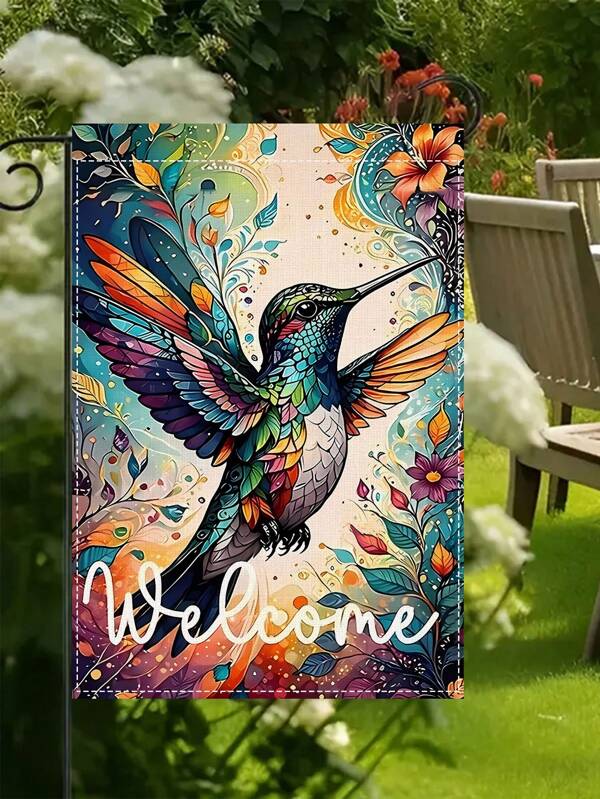 1pc Vibrant Hummingbird Welcome Garden Banner, 14.17x18.50 Inches, Linen On Both Sides, Multi-Purpose, Outdoor Garden Decoration For Patio, Lawn, Home (Flag Only)