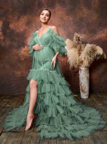 Faeriesty Dressalisa Elegant Off-Shoulder Maternity Dress, Layered Chiffon Skirt, Suitable For Baby Shower Parties And Formal Occasions | Wedding Guest Dress, Evening Gown, Bridal Luncheon Dress, Afternoon Tea Event Dress - Green - View 1