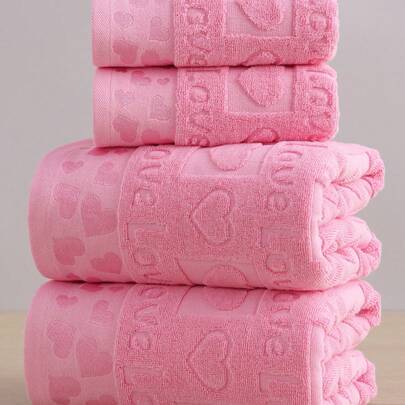 QIBHI 3/2/1/9pcs Cotton Jacquard Heart/Love Pattern Towel Set, 1pc 100% Cotton Bathroom Towel/Bath Towel, Soft Absorbent Couple Towel/Bath Towel For Home, Party, Valentine's Day Gift, Suitable For Bathroom, Hotel, Gym, Travel, Gift, Salon, Sports, Outdoor, Beach, School, Back To School, Travel Accessories, Home Essentials
