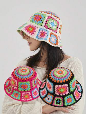 渔夫帽女士钩针帽旅行时尚复古祖母格子帽，更适合头围较大者