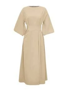 فستان نسائي أنيق للارتداء اليومي بتصميم غير متماثل، بأكمام ثلاثة أرباع مطوي مع شق طويل أنيق للارتداء اليومي