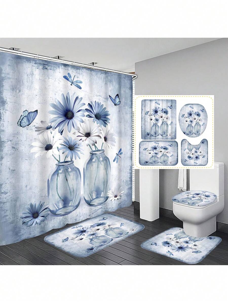 1 件/4 件农舍花卉浴帘套装，质朴的蓝绿色绿松石雏菊浴帘，配有配套浴帘、防滑浴垫、马桶座套和浴垫，使用 C 形挂钩轻松安装，浴室装饰