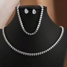 Cubic Zirconia 3pcs Jewelry Sets Women Silver Color Stud Earrings Tennis Bracelet Necklace Sets Bridal Wedding Party Jewelry Holiday Vacation Accessories Gift For Female Wife Girlfriend Offic Lady