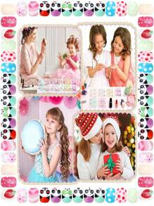 (168pcs 7 Packs) And (24pcs 1 Pack) Kids Acrylic False Nails Press-On Pre-Glued Full Cover Glitter Cute Daily Simple Polka Dots, Flowers, Hearts, Pandas, Strawberries And Other Elements Short Kids Stick-On False Nails Set For Kids Little Girls - Cute Simple Themenail Drill