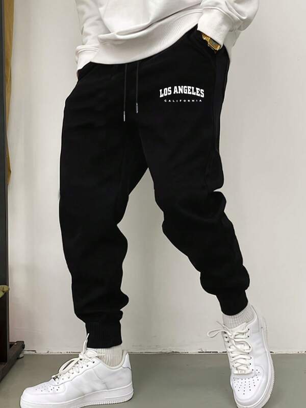 1PC Men's Drawstring Waist Solid Color Sweatpants Long Printed Sweatpants Plain Black Fitness Basics