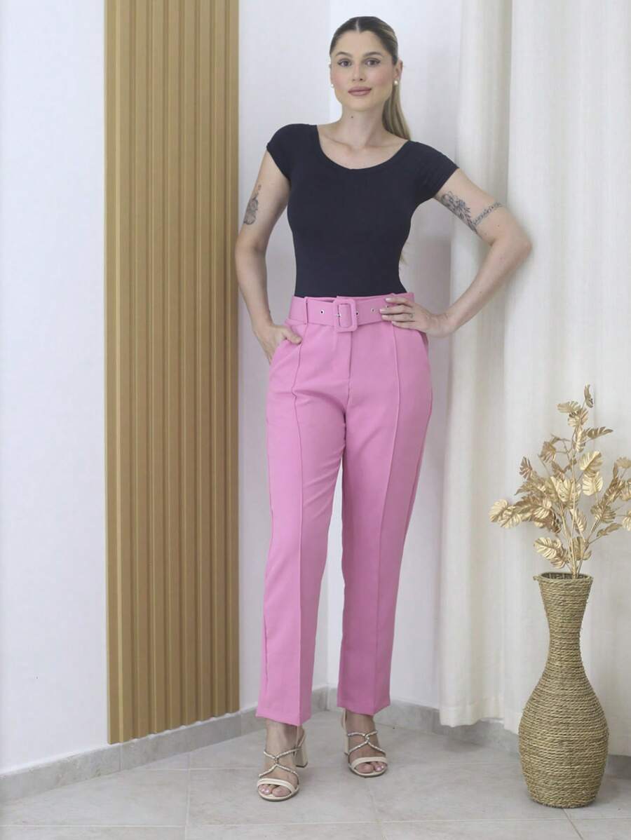 Women's Tailored Formal Pants In Polyester Elastane With Belt - Maxma 6622 - Coral 2 - View 1