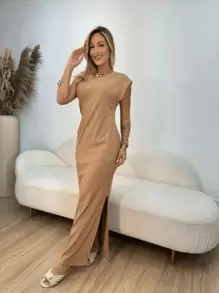 Long Loose Flared Casual Elegant Dress With Pockets In Fleece With Fashionable Sleeves. - Rust Brown - View 1
