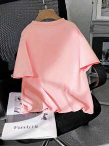 Camiseta de manga corta con cuello redondo y estampado de pato de dibujos animados y eslogan, para niñas, para primavera y verano, camiseta casual para niños - Rosa - Ver 4
