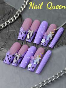 10 件 100% 手工按压指甲 高档美白新款葡萄紫中长款芭蕾风格美甲套装 半透明设计 3D 花朵仿真水滴金属蝴蝶结手绘斑点欧美风格全覆盖可拆卸和可重复使用指甲上的独特美甲风景派对和婚礼必备时尚配饰女孩礼物的首选美甲用品包括指甲锉和指甲胶