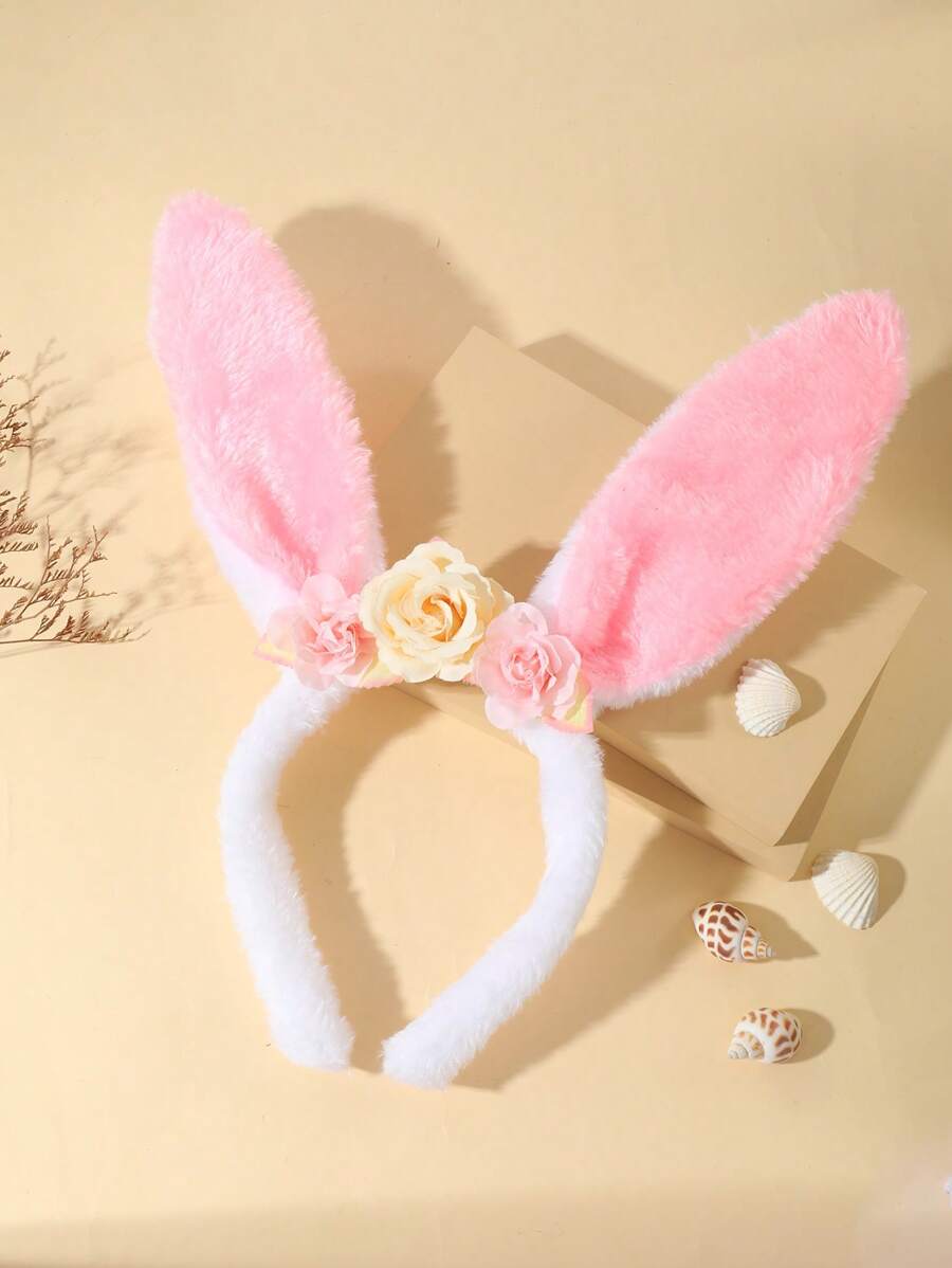 1 件粉色和白色卡通复活节毛绒花兔耳朵头饰 - 彩色 - 查看 1