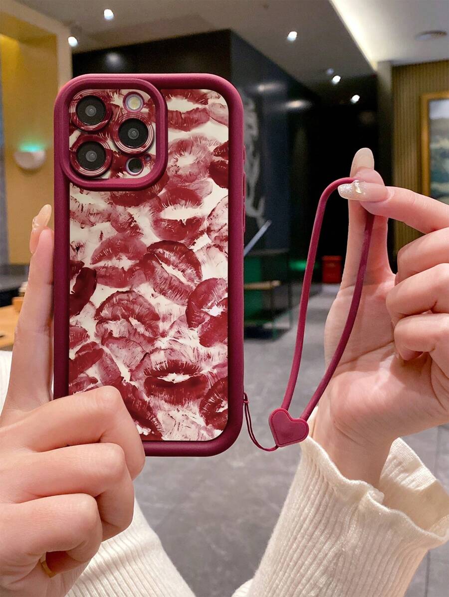 1 件唇印图案手机壳，带精确相机切口，防震设计，兼容 11 Pro Max/12 Pro Max/13 Pro Max/14 Pro Max/15 Pro Max/ 16 Plus/ 16 Pro Max、Redmi、OPPO/Realme、VIVO、Infinix、Honor、OnePlus 防水防摔防刮 - 酒紅色 - 查看 1