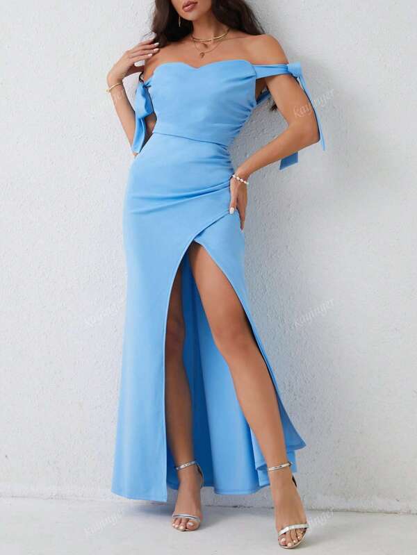 1st Vrouwen Effen Kleur Gebreide Hoge Split Tot Dij Ruffle Ritssluiting Bruidsmeisjesjurk, Bruiloft Feest Zomer