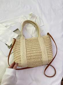 1 件女士度假休闲手提包，大容量，带流苏装饰和吊坠，复古风格单肩包，可拆卸长肩带，适合女大学生、妈妈、办公室女士，个性化创意时尚斜挎包 - 米色 - 查看 5