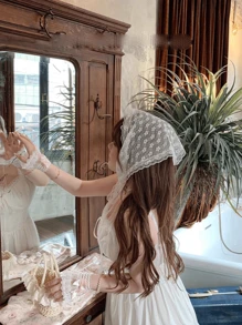 1pc French Lace Floral Bandana, Countryside Style, Sweet For Daily Wear, Travel, Photo Shooting Bandanas Head Bandana Hair Scarf