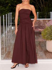 2025 Women Y2k Strapless Maxi Dress Tube Top Dress Elegant Long Dress Summer Beach Vacation Dress Off The Shoulder Dresses Sleeveless A Line Flowy Dress Wedding Party Formal Cocktail Dresses Bohemian Clothes Dress - 棕色 - 查看 3