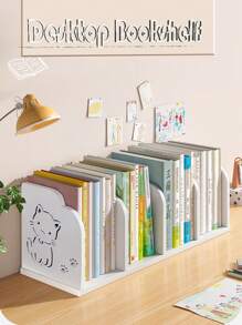 1 pieza Estantería de escritorio para niños de compuesto de madera y plástico (PVC) grueso, sencilla, adecuada para estudio en el hogar, escritorio de oficina, almacenamiento de revistas y libros en la sala de estar, estantería de revistas en el dormitorio, decoración del mostrador del baño, material inodoro y lavable, fácil montaje DIY. Sujetalibros creativo de gato con campana / gato de dibujos animados, regalo de graduación estudiantil DIY - Blanco - Ver 1