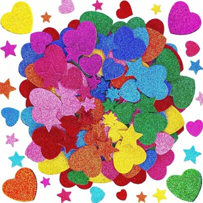 100pcs Glitter Foam Heart Stickers, Mini Star Stickers, Self-Adhesive Heart Stickers, Suitable For DIY Crafts, Mother's Day Party Decorations (Random Color); 100pcs Colorful Glitter Foam Stickers, Self-Adhesive Heart Stickers, Multi-Color Heart Star Stickers, Mini Star Stickers, Suitable For Valentine's Day DIY Crafts, Scrapbooking, Cards, Home Decor, School Supplies