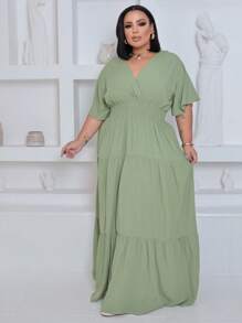 Plus Size Long Dress V Neck Short Sleeve - Mint Green - View 3