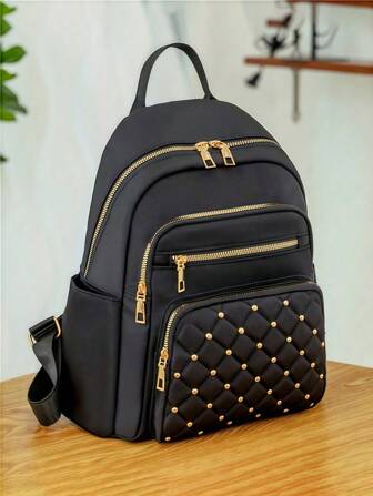 7 Colors Casual Rivet Decorated Women's Backpack, Rhombus Pattern Ravel Storage Backpack, Versatile Nylon Backpack, Lightweight Backpack, Portable, Laptop Compartment, Large Capacity, Suitable For Female College Students, College, Junior High School, High School, Outdoor, Travel, Outing, Elementary School , Rookie's Daily Office, Valentine's Day Gift