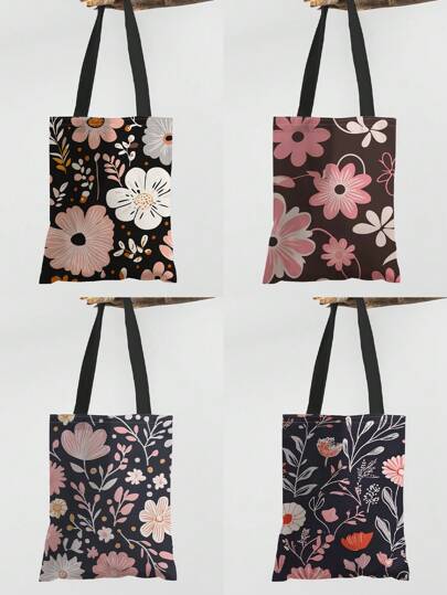 1pc Floral Print Handbag, Large Capacity Shoulder Bag, Women Casual Tote Bag, Canvas Bag For Work, School, Shopping