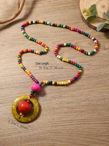 New Wooden Beads & Woven Coconut Shell Long Sweater Chain Necklace, Handmade Bohemian Versatile Accessory - Multicolor - View 4
