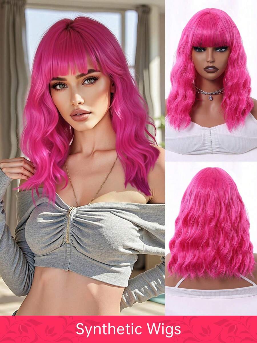 玫瑰粉色假发 14 英寸女士短粉色假发 短波浪热粉色假发带刘海 合成粉色卷发波波头假发 卷发及肩长角色扮演假发 适合女性 女孩彩色假发 非常适合日常佩戴