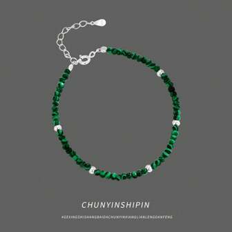 1pc 925 Sterling Silver Green Turquoise Beaded Bracelet, Fashionable & Unique Jewelry Gift For Women, Party Wear