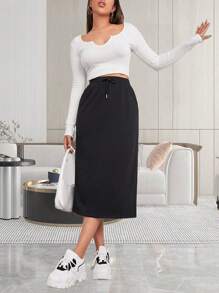 Elastic High Waist Maxi Skirt For Women Drawstring Solid Color Slit Back Skirts - màu đen - Xem 4