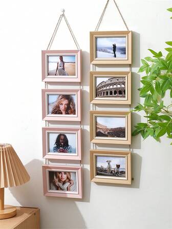 1pc Creative Wall-Mounted Connected Decorative Picture Frame With Rope, 5-Inch 4-Panel Combination, Suitable For Bedroom, Living Room, Corridor Gifts Birthday Graduation