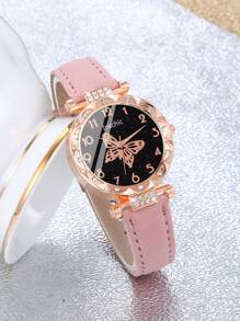 1pc Butterfly Leather Cute Watch Girls Kids Watch