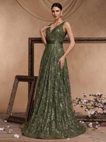 Women's Sequins Embroidered Fitted V-Neck Sleeveless Maxi Formal Evening Gown, Elegant Occasion Dress (Embellished) - Màu xanh Ô liu - Xem 3