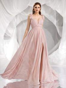 Elisanya Vestido de mujer de unicolor con hombros abiertos y detalles florales 3D, efecto de bodice plegado, adecuado para graduaciones, Halloween, Navidad, Acción de Gracias, ocasiones de fiestas, primavera/verano, formal, vestido de gala, para la noche, invitada de boda - Rosa vieja - Ver 3