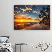 Framed Sunset Over Tropical Beach Palm Tree Ocean Photo Photograph Setting Sun Island Poster Nature Scene Palm Tree Scenic Relaxing Calm Sea Sand Beautiful Cool Wall Art Print Poster - Framed - View 2