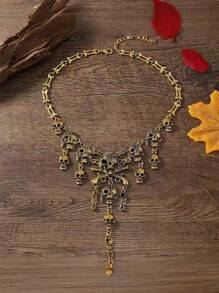 1 件男女通用骷髅头流苏项链，多层骷髅头合金装饰项链，夸张复古骷髅头流苏多层项链，适合万圣节、化装舞会、装饰 - 銅色 - 查看 3