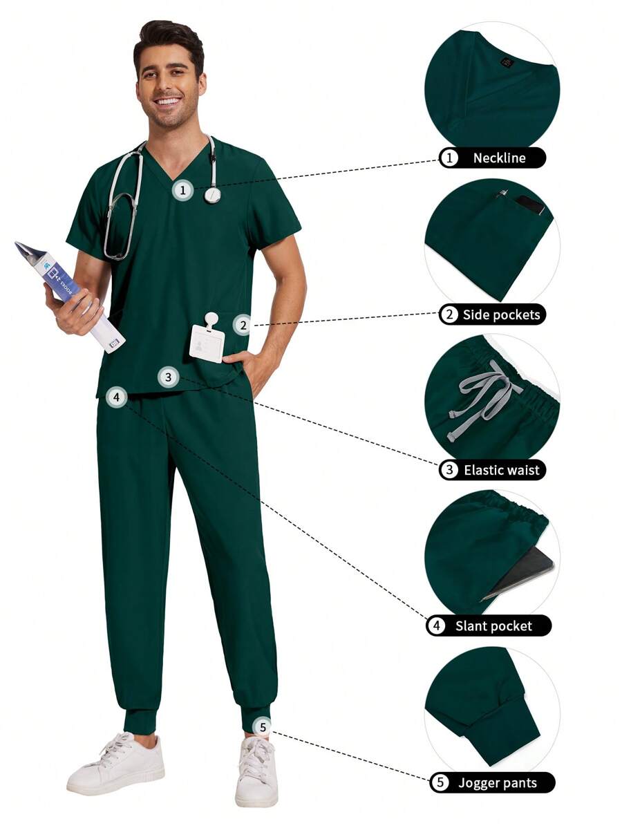Operating Room Scrubs Uniforms Hospital Doctor Working Clothes Dental Clinic Nurse Surgery Suit Pet Grooming Veterinary Workwear - Dark Green - View 1
