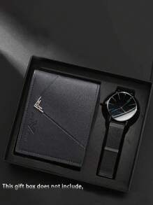 2 unidades Reloj de cuarzo sencillo con escala de malla de moda para hombre y 1 cartera de negocios para hombres