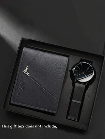 2 piezas Reloj de cuarzo sencillo con escala de malla de moda para hombre y 1 billetera de negocios para hombre