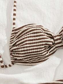 新款柔软面料条纹吊带优雅性感三件套比基尼，女士夏季沙滩时尚泳装度假装 - 棕 - 查看 5