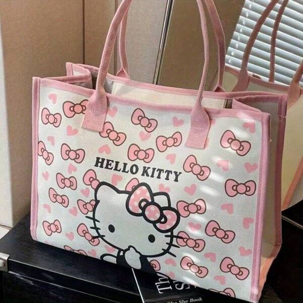 Sanrio 1 Stück Sanrio geräumige Hello Kitty Tragetasche - strapazierfähige Schultertasche mit Reißverschluss für Frauen | Perfekt für Einkaufen & Alltag, Sanrio Hello Kitty Leinen Tragetasche für Frauen, Alles-Tasche mit Reißverschluss Umhängetasche mit Fächern für die Arbeit