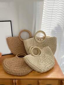 Yogodlns Luxury Hollow Designer Beach Shoulder Bag High Quality Brand Straw Handbag Women Summer Raffia Woven Travel Basket Tote Bags Summer Handmade Bags For Women Beach Weaving Ladies Straw Bag Wrapped Beach Bag Moon Shaped Top Handle Handbags Totes